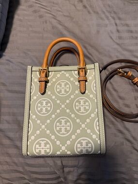Tory Burch Sage Green Logo-Print Mini Tote with Tan Handles